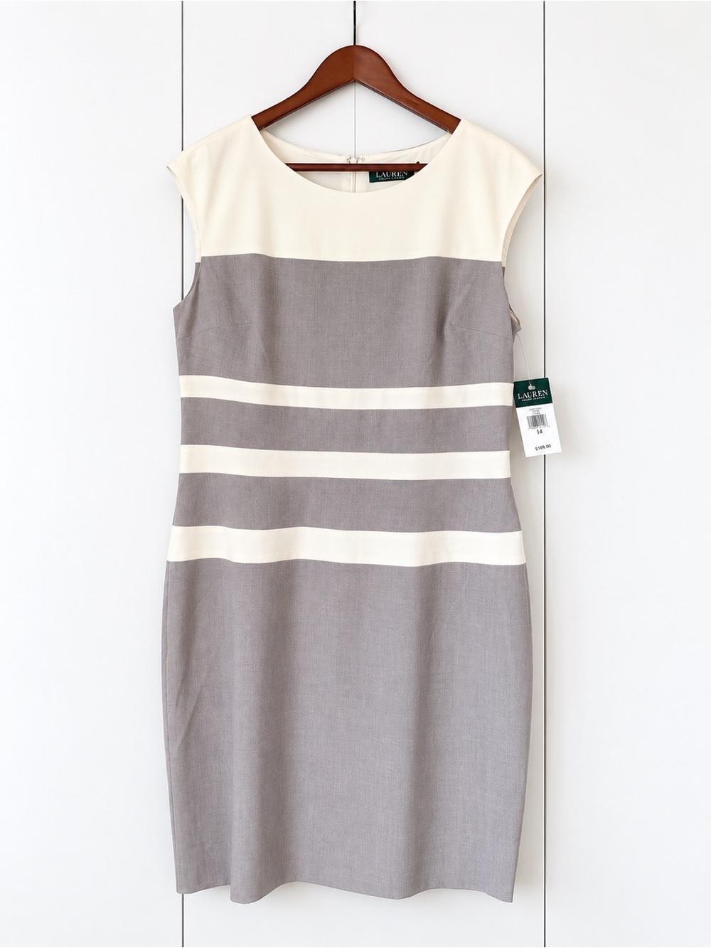 Ralph Lauren Grey and White Striped Cap-Sleeve Sheath Dress